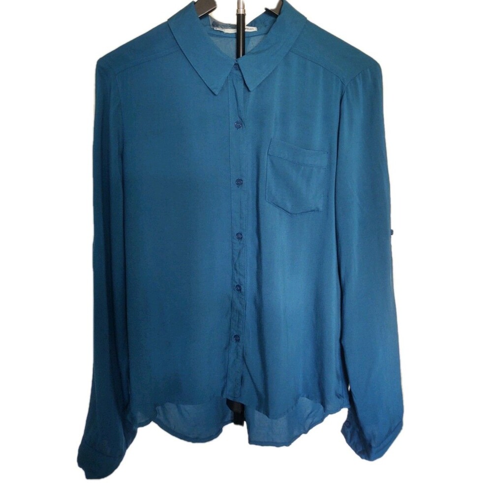 Maurices Women's Teal 90's Vintage Button Down Roll Tab Sleeve Blouse Sz M NEW